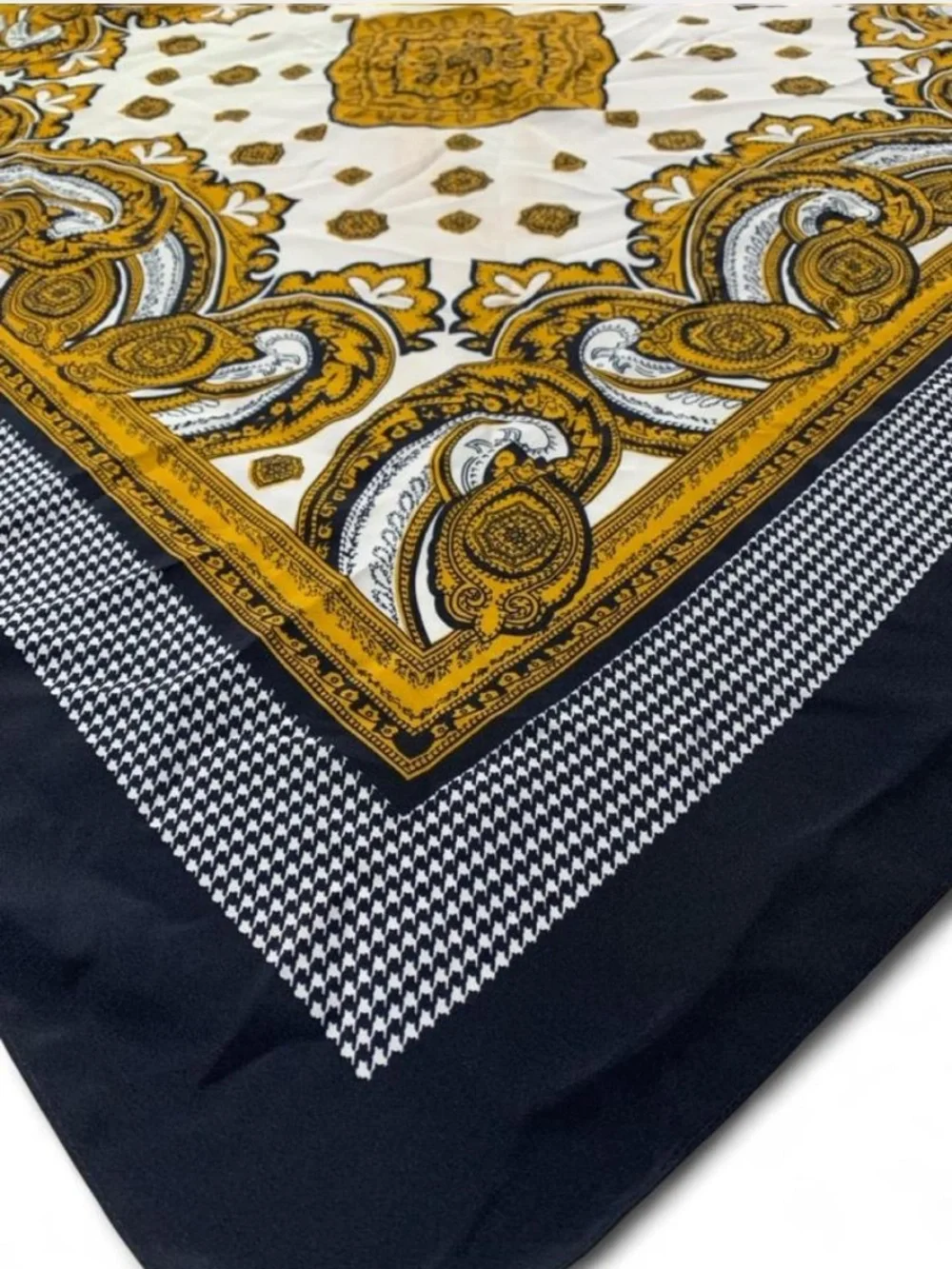 Ornate Paisley and Houndstooth Square Scarf in Black, Gold & Cream Classic 34x34